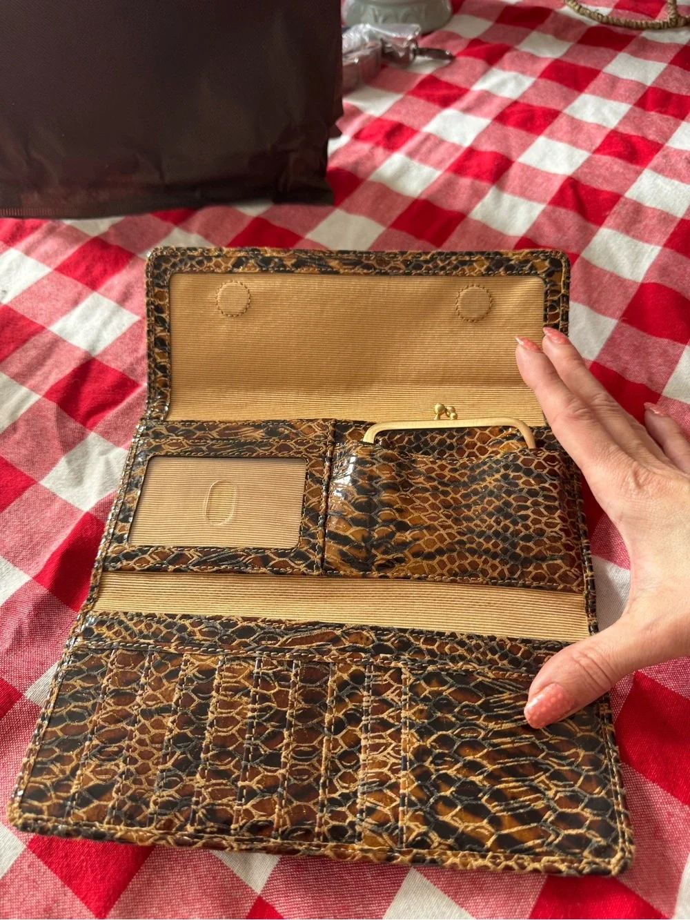 HOBO Brown and Black Snakeskin-Patterned Zip Wallet